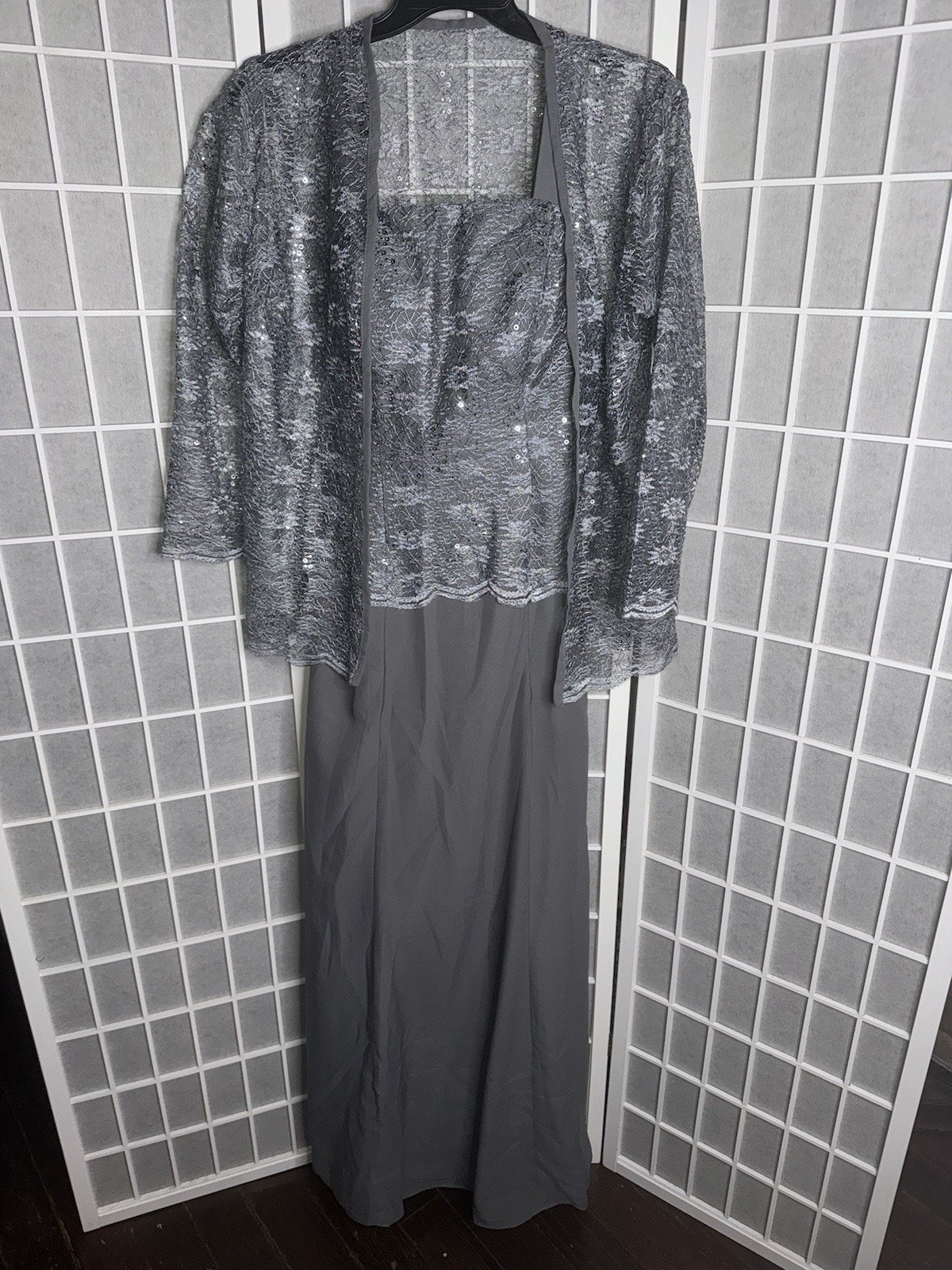 Women's Formal Top Lace Mother Of Bride Gown Long Evening Dress Size L/Xl Gray